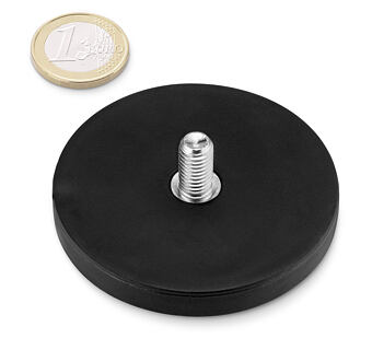 Neodymový magnetický úchyt kruh Ø 66 v. 8 mm, závitový čep M8, síla 25 kg, pogumovaný